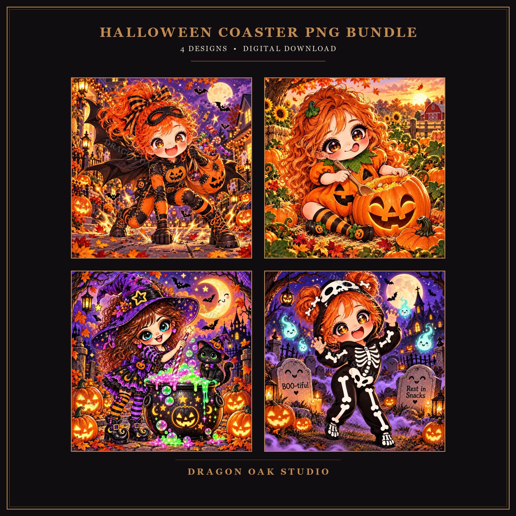 Chibi Halloween Coaster PNG Bundle Vol. 2, Set of 4 Cute Kawaii Bat, Pumpkin, Witch & Skeleton Girls, Digital Download
