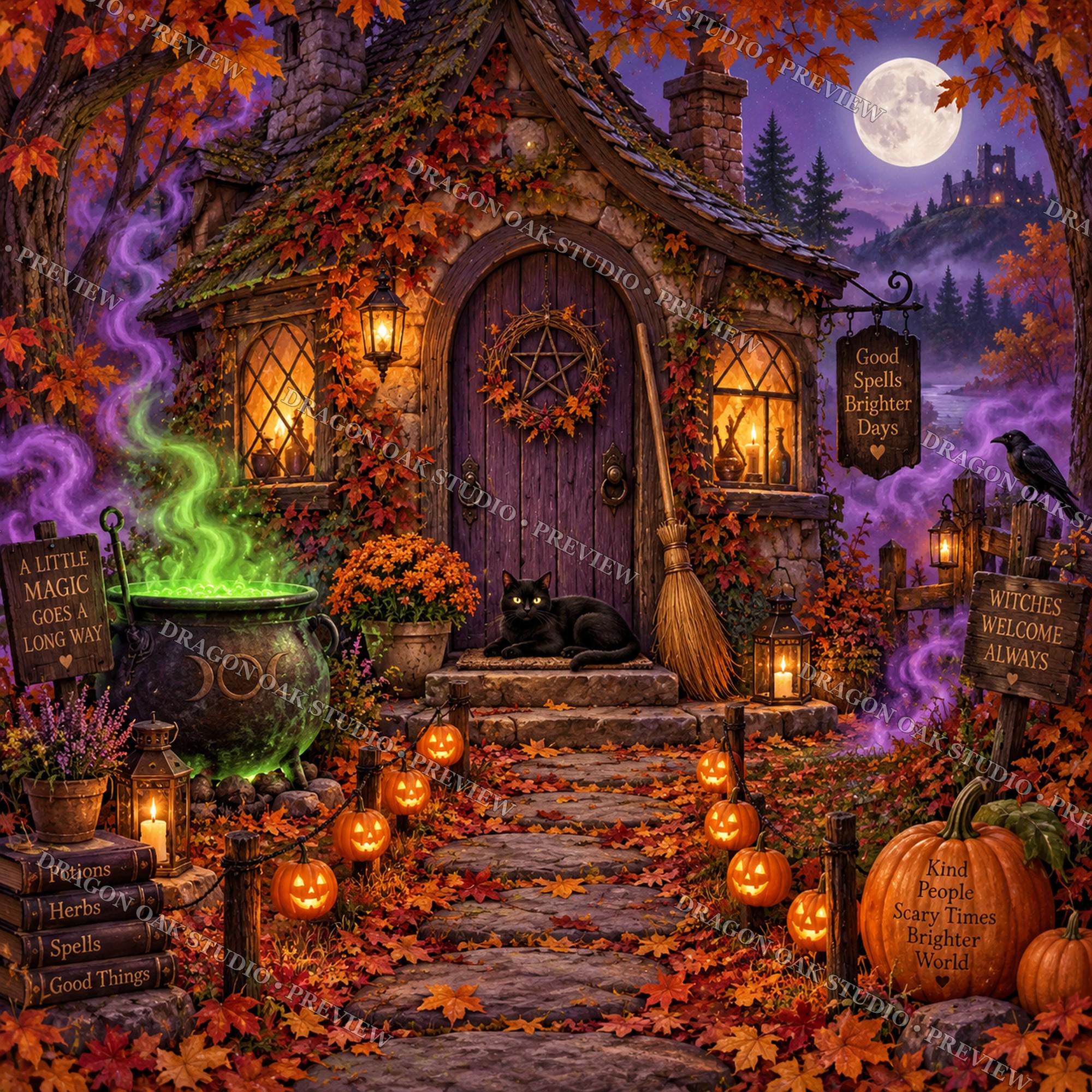 Cozy Halloween Village Coaster Bundle, Witch Cottage, Autumn Scenes (Digital Download)