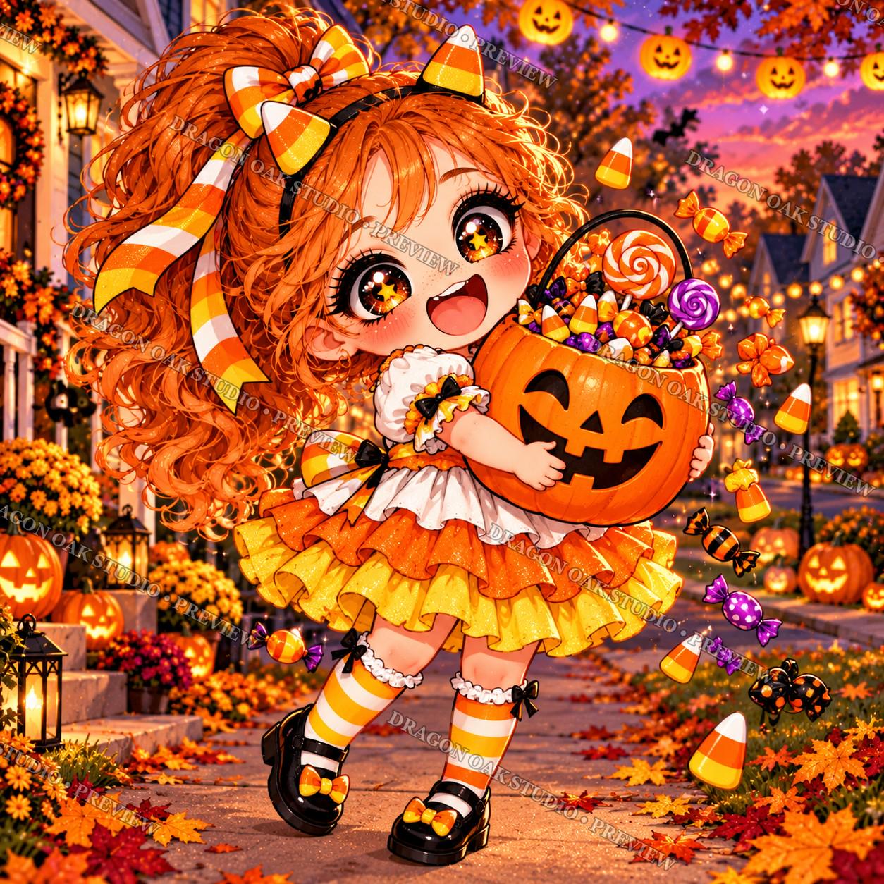 Chibi Halloween Coaster PNG Bundle Vol. 3, Set of 4 Cute Kawaii Spiderweb, Witch, Candy Corn & Cat Girls, Digital Download