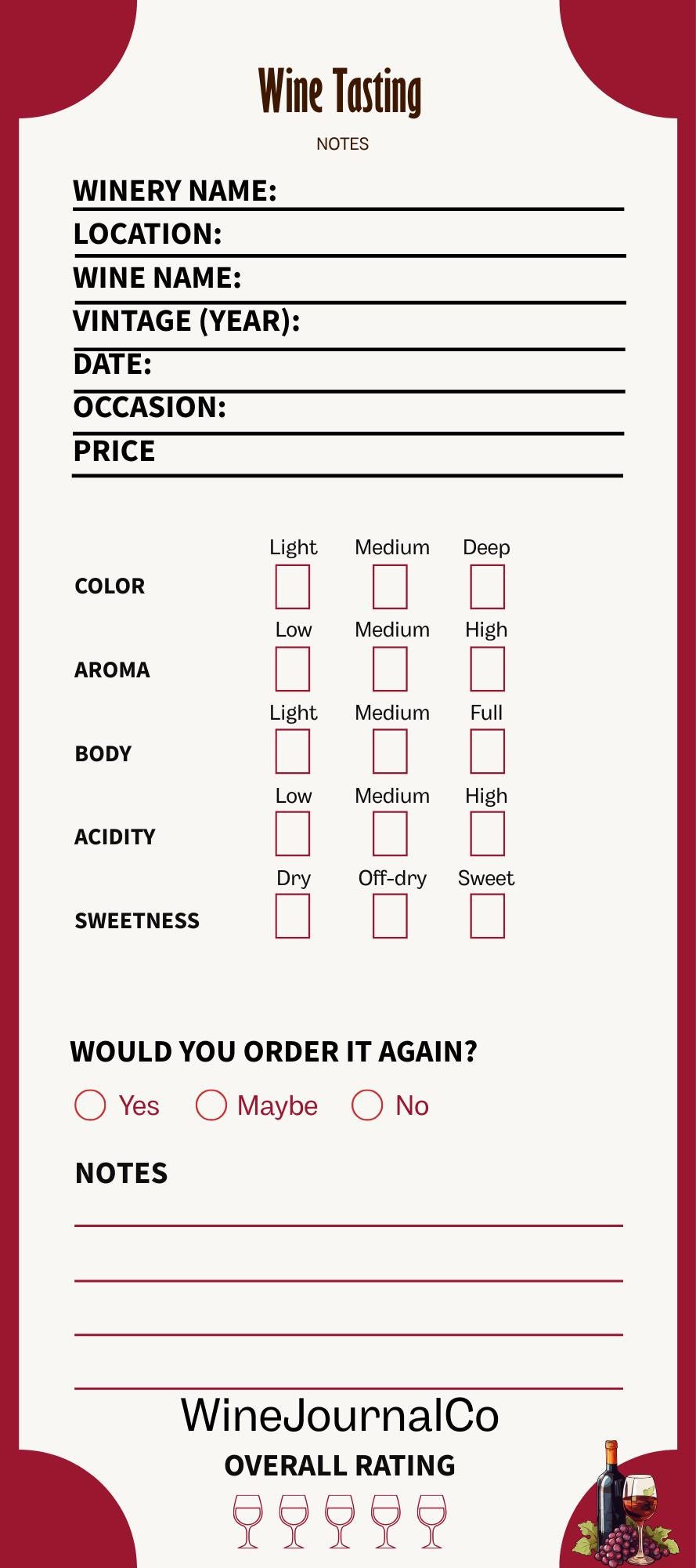 Wine Tasting Journal Template PDF 4" x 9"