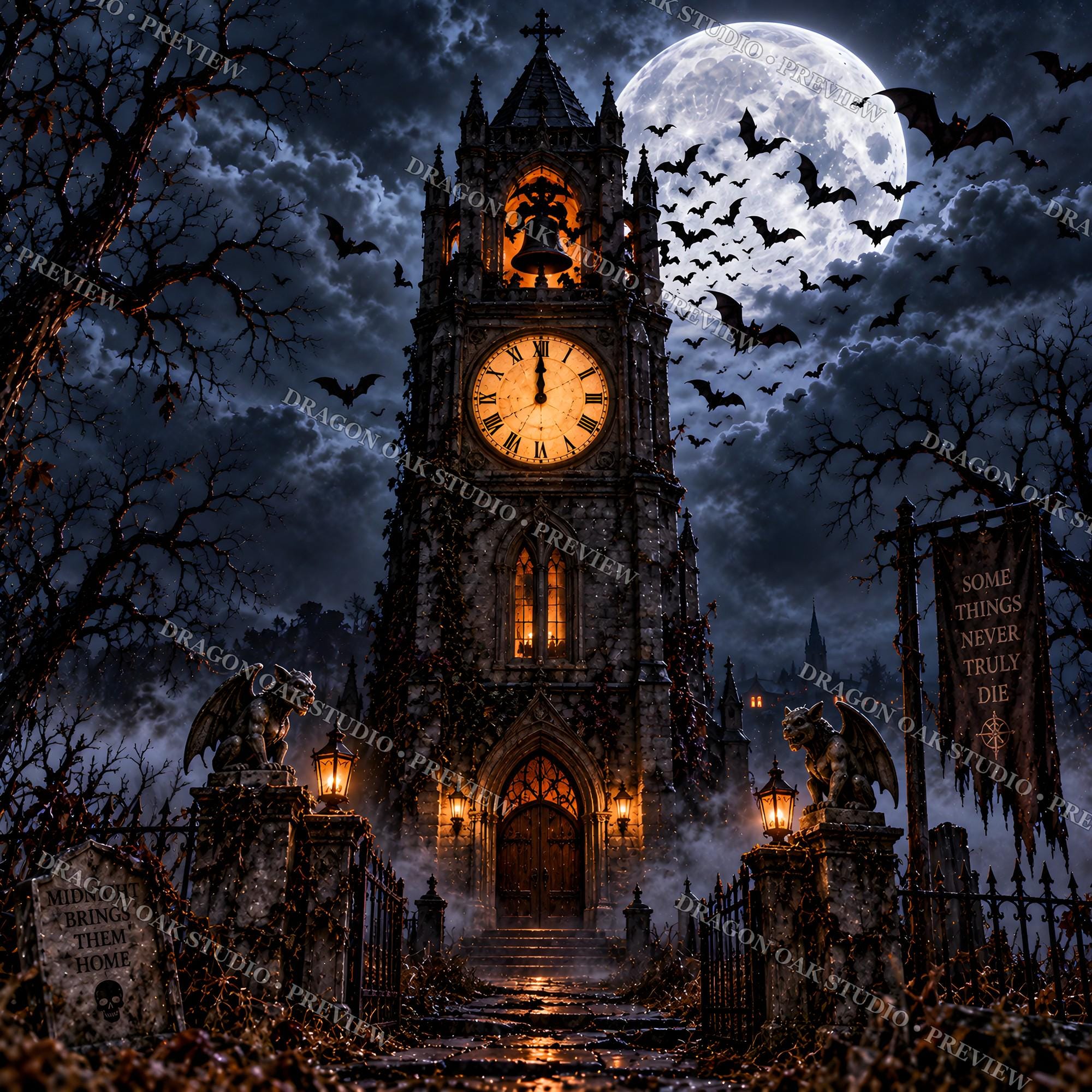Midnight Gothic Cemetery Coaster Bundle, Clock Tower, Spider, Church (Digital Download)