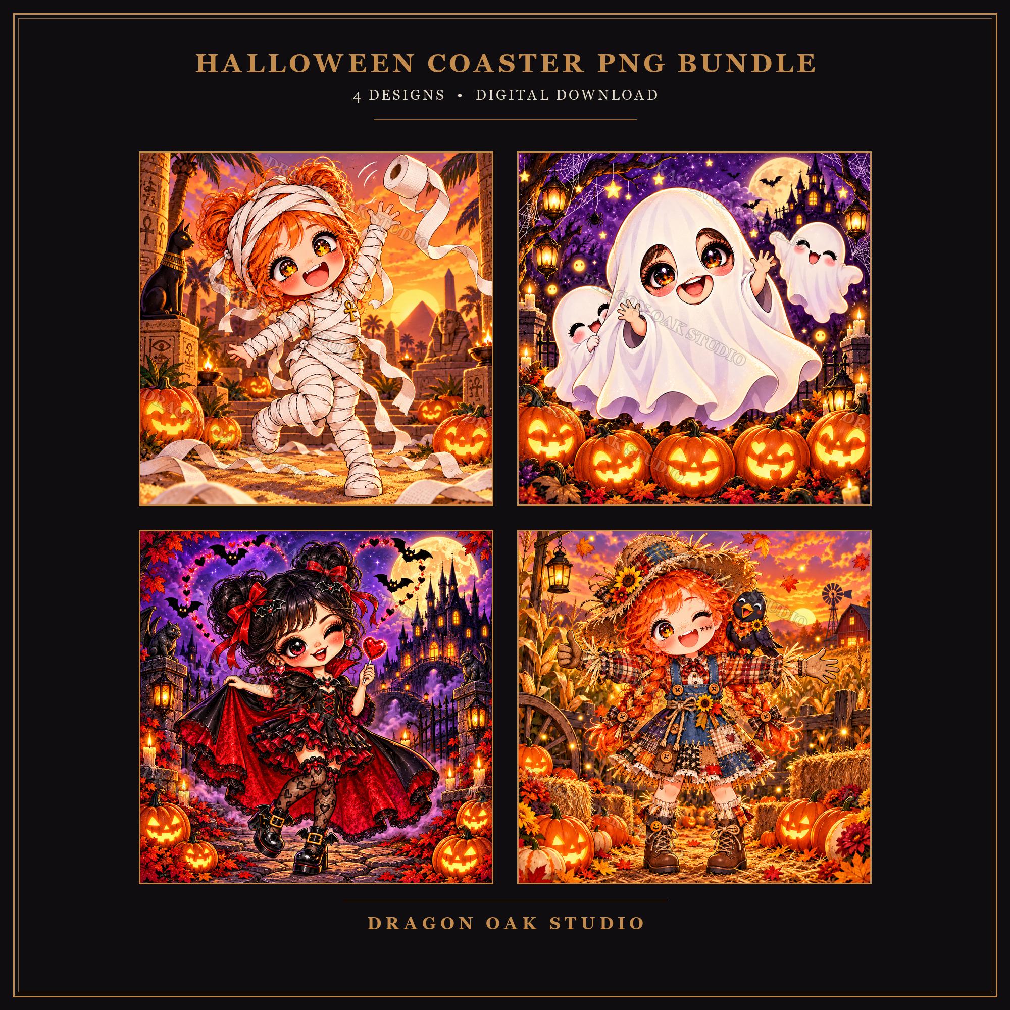 Chibi Halloween Coaster PNG Bundle, Set of 4 Cute Kawaii Girl Designs, Digital Download UV Print Files