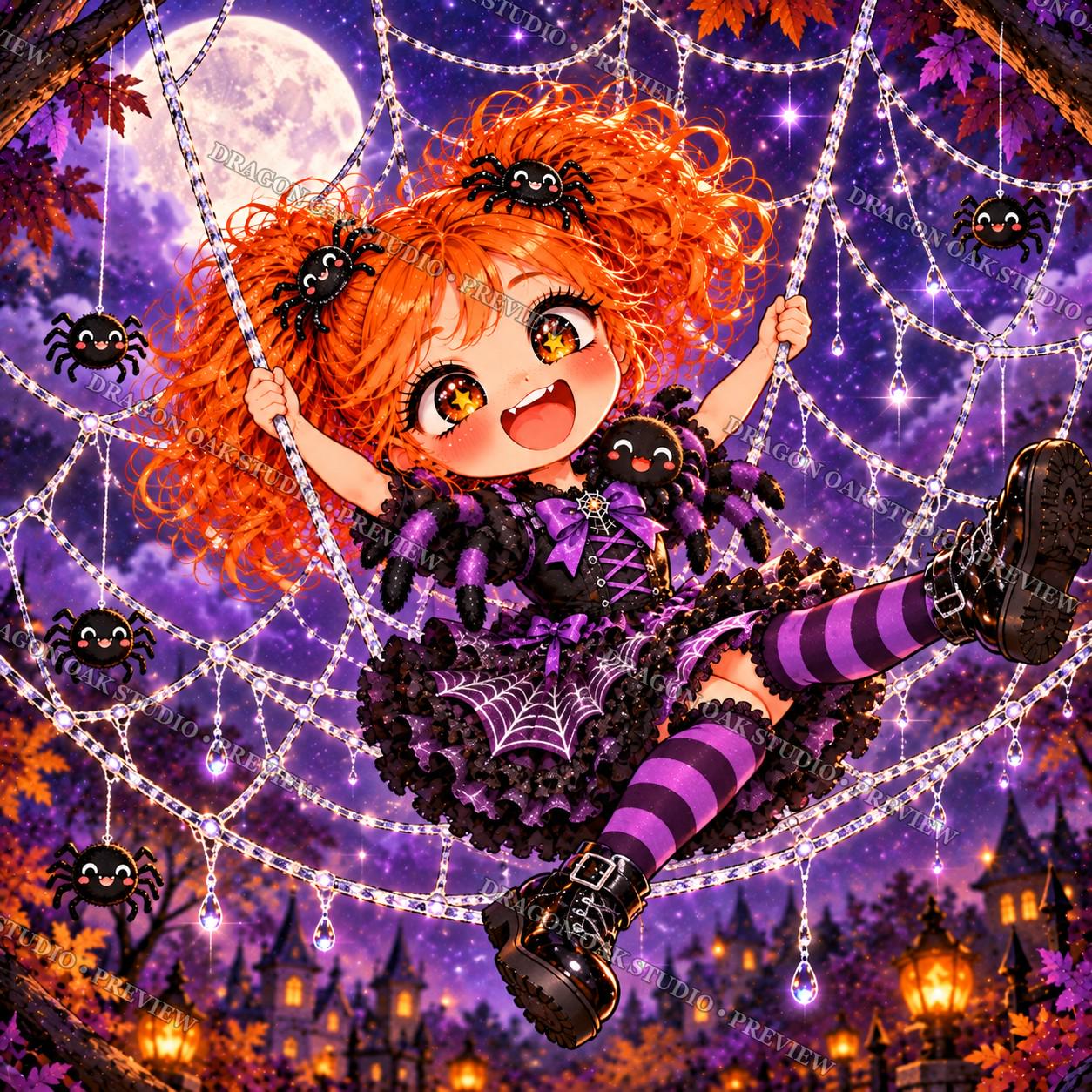 Chibi Halloween Coaster PNG Bundle Vol. 3, Set of 4 Cute Kawaii Spiderweb, Witch, Candy Corn & Cat Girls, Digital Download