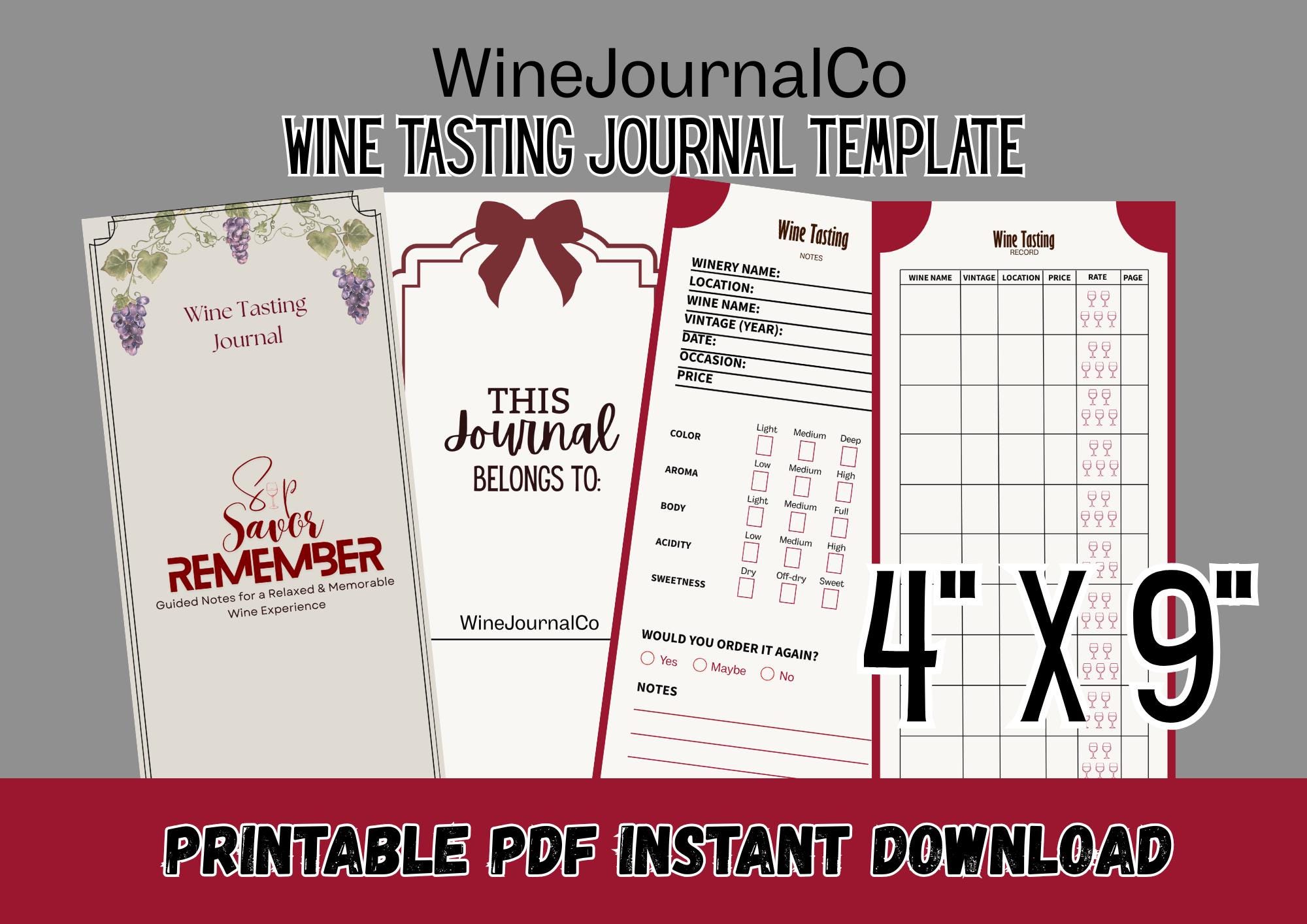Wine Tasting Journal Template PDF 4" x 9"