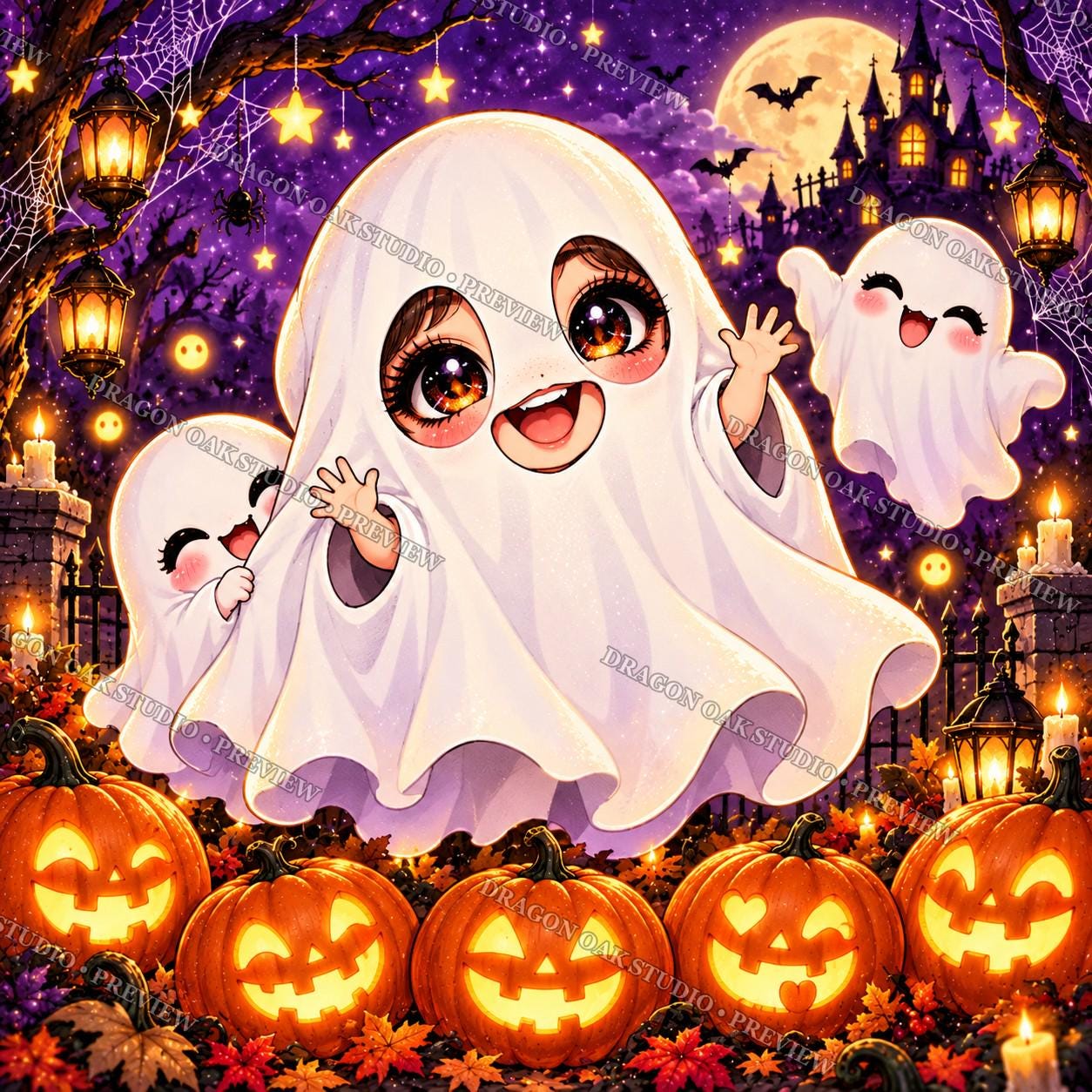 Chibi Halloween Coaster PNG Bundle, Set of 4 Cute Kawaii Girl Designs, Digital Download UV Print Files