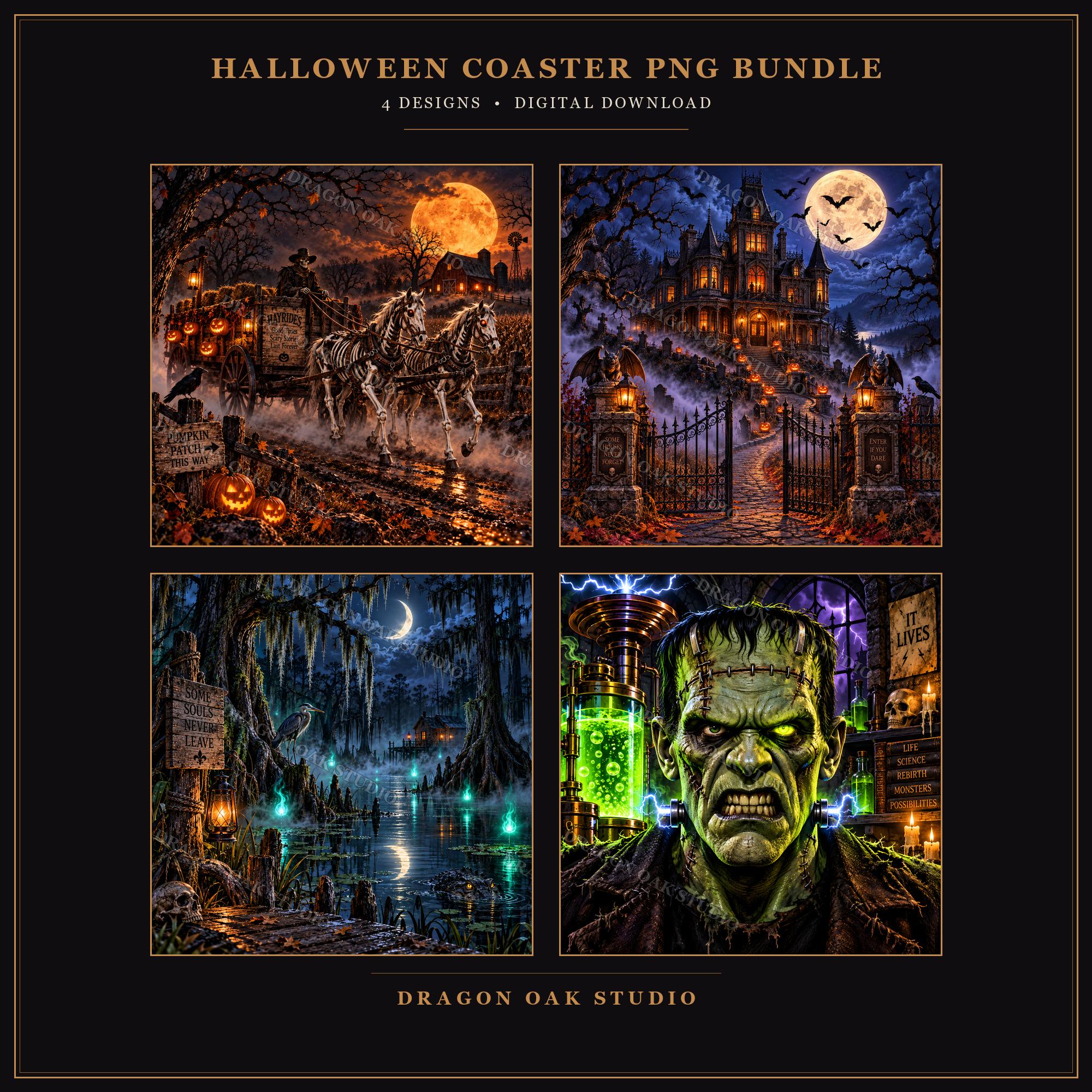 Haunted Manor & Monsters Coaster PNG Bundle, Set of 4 Frankenstein Swamp Designs, Halloween Digital Download UV Print Files