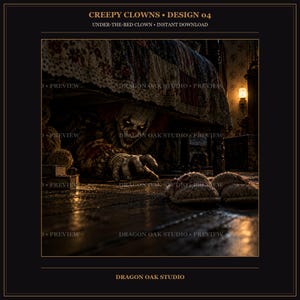 Puede incluir: Arte digital titulado CREEPY CLOWNS DESIGN 04 UNDER-THE-BED CLOWN INSTANT DOWNLOAD de DRAGON OAK STUDIO. Un payaso con rostro pálido y maquillaje rojo se asoma desde debajo de una cama con una colcha de retazos. Un par de pantuflas en el suelo.
