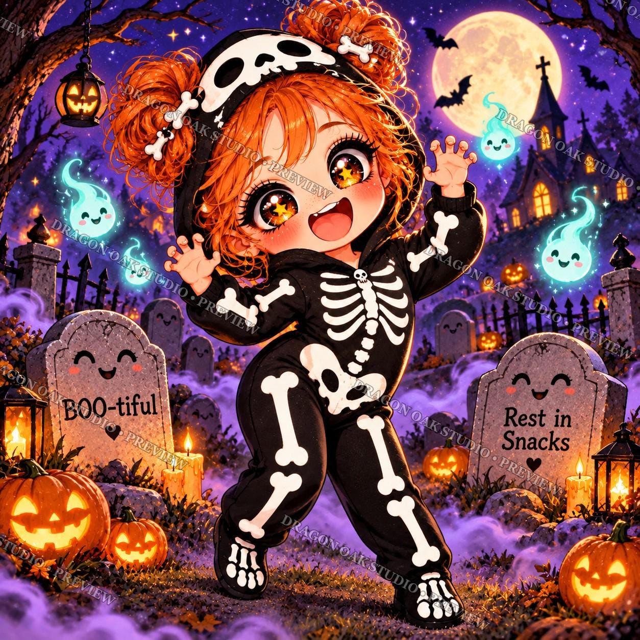 Chibi Halloween Coaster PNG Bundle Vol. 2, Set of 4 Cute Kawaii Bat, Pumpkin, Witch & Skeleton Girls, Digital Download