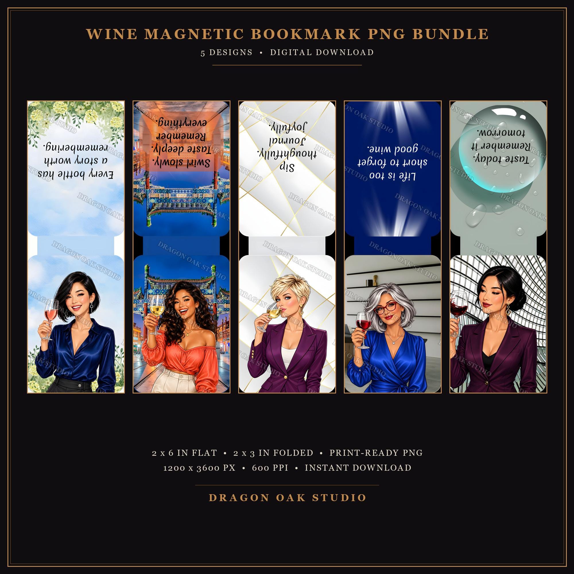 Wine Girl Magnetic Bookmark Printable Bundle Vol. 4, 5 Designs, 2x6 Inch PNG, Wine Lover Gift, Digital Download