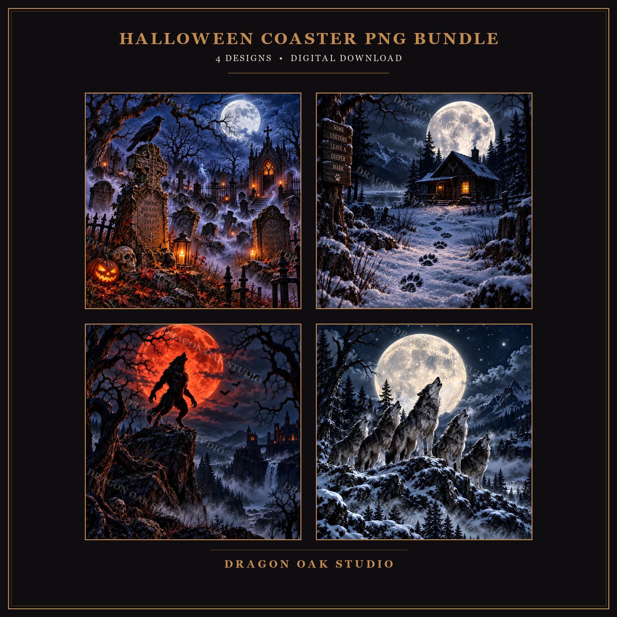 Werewolf Full Moon Coaster Bundle, Wolf Pack & Cemetery Designs (Digital Download)