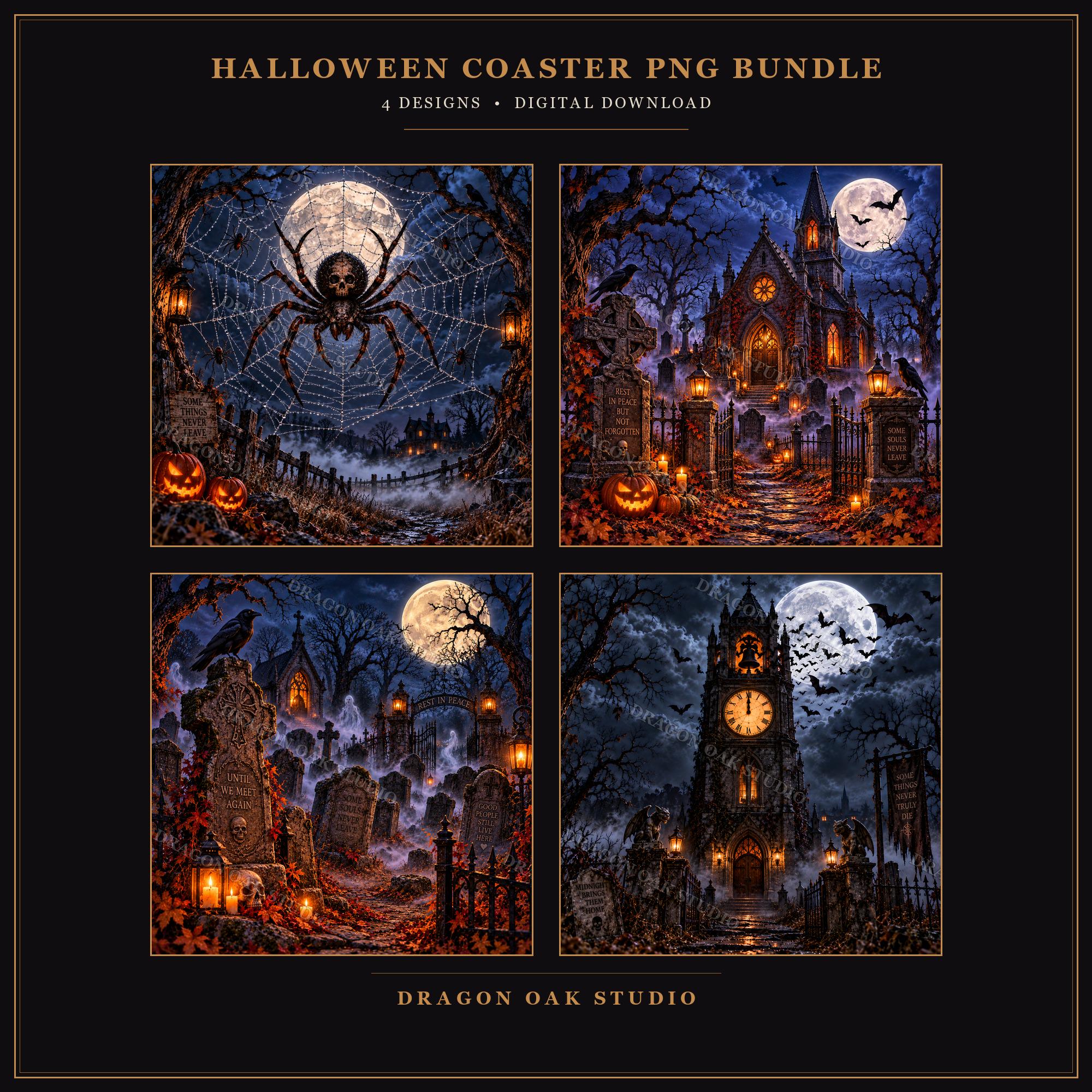 Midnight Gothic Cemetery Coaster Bundle, Clock Tower, Spider, Church (Digital Download)