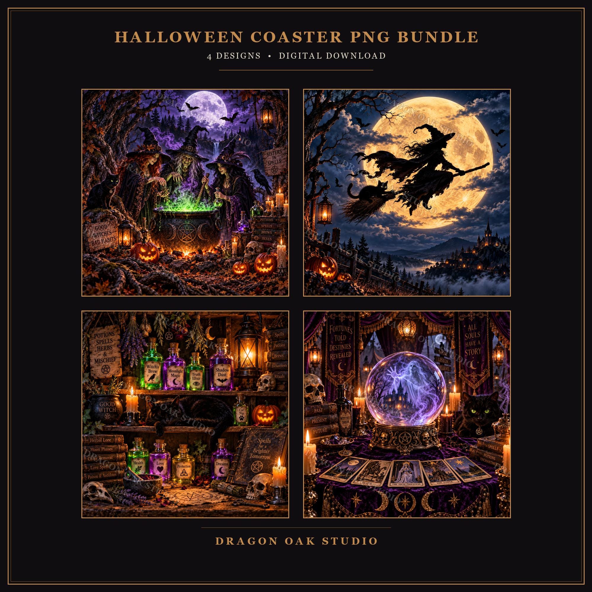 Witchcraft Coaster PNG Bundle, Halloween Potion & Tarot Designs (Digital Download)