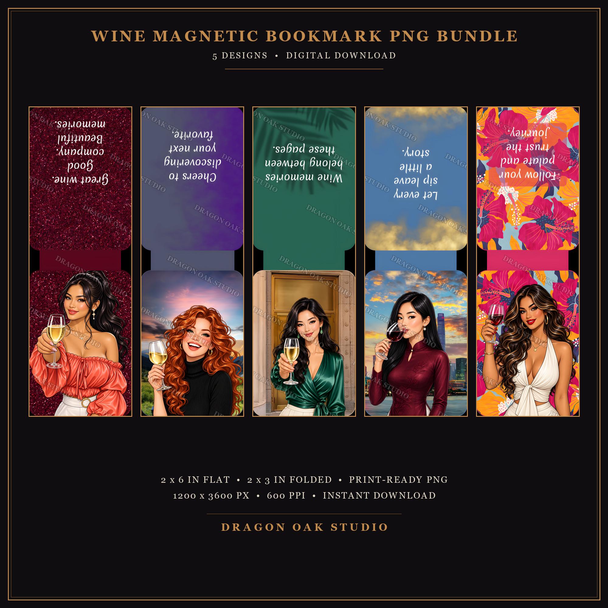 Wine Girl Magnetic Bookmark Printable Bundle Vol. 3, 5 Designs, 2x6 Inch PNG, Wine Lover Gift, Digital Download