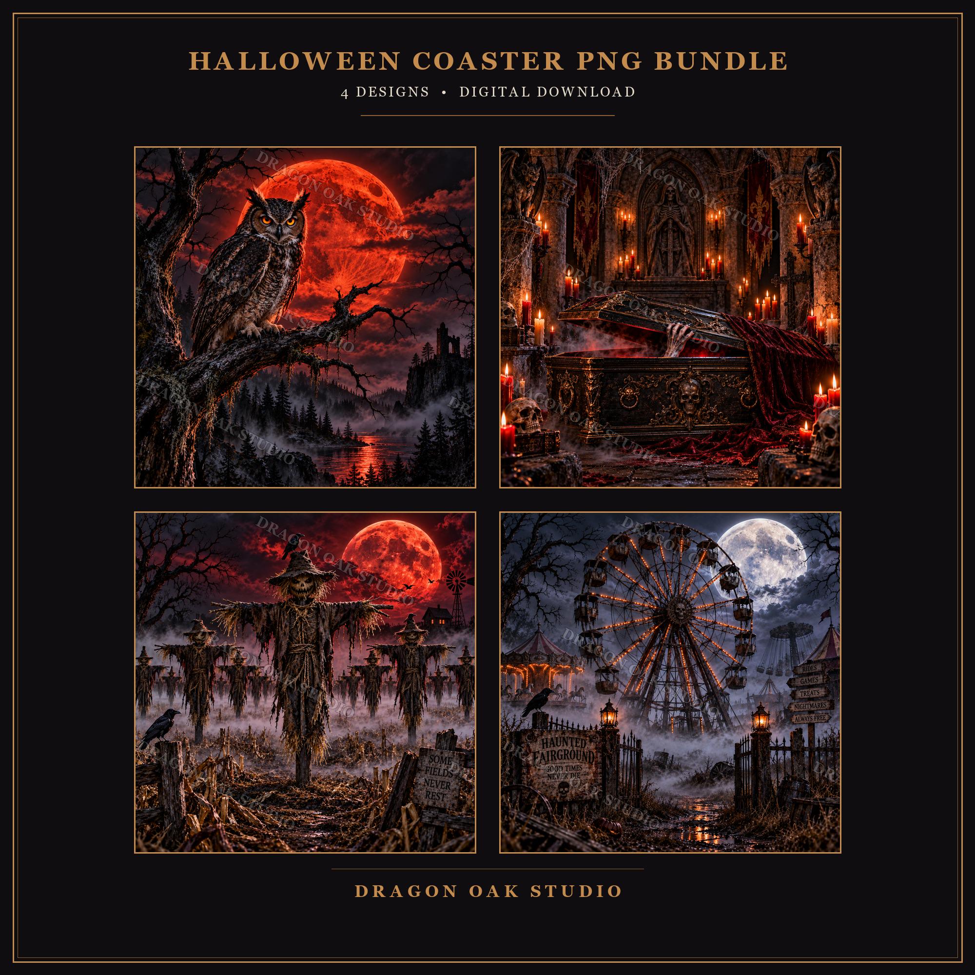 Blood Moon Halloween Coaster PNG Bundle, Set of 4 Horror Night Designs, Vampire Scarecrow Owl, Digital Download UV Print Files