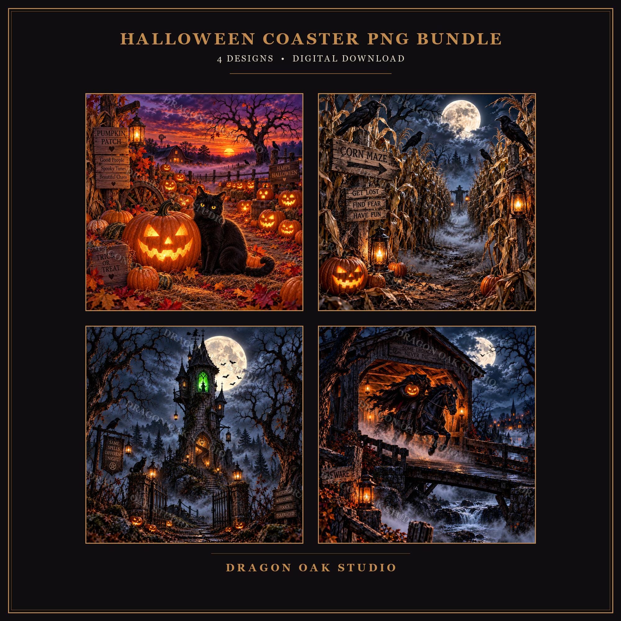 Sleepy Hollow Headless Horseman Coaster PNG Bundle, Set of 4 Autumn Legend Designs, Halloween Digital Download UV Print Files