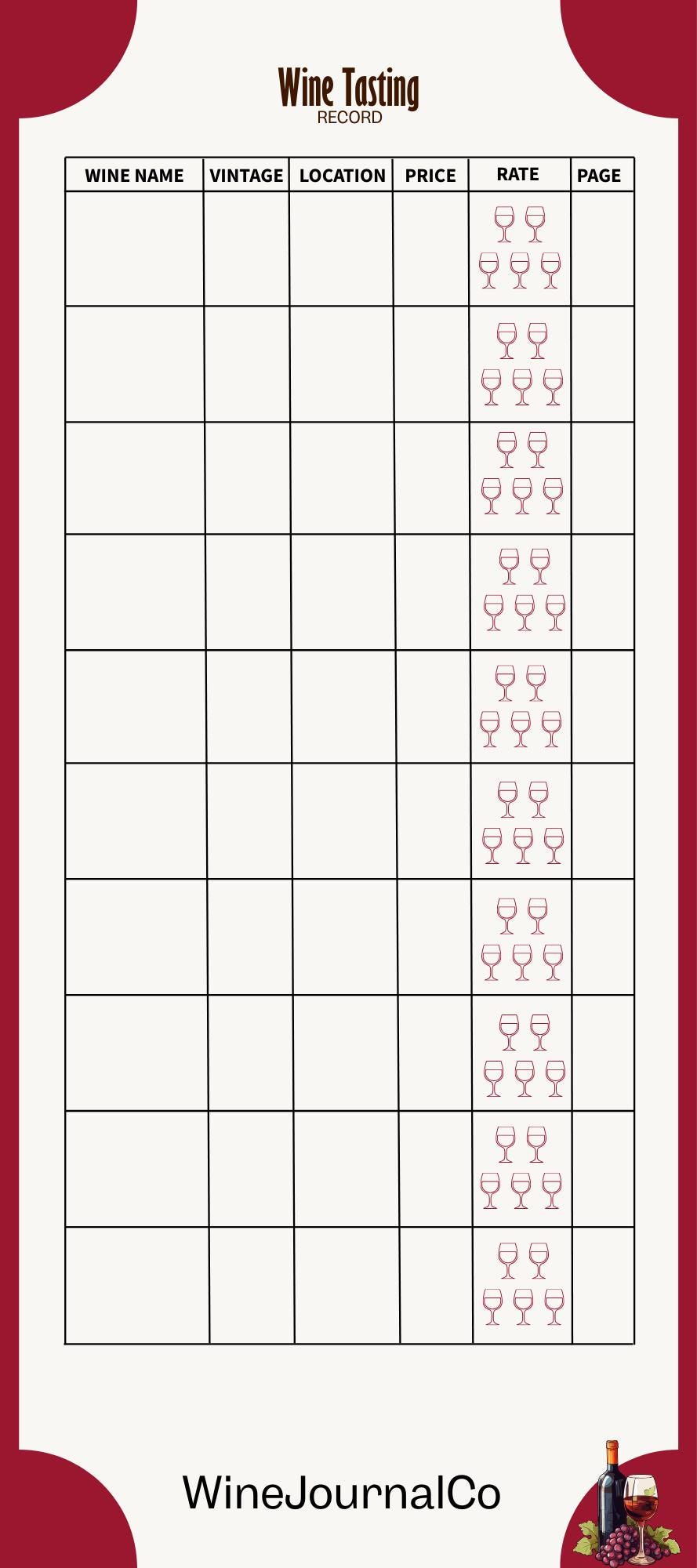 Wine Tasting Journal Template PDF 4" x 9"