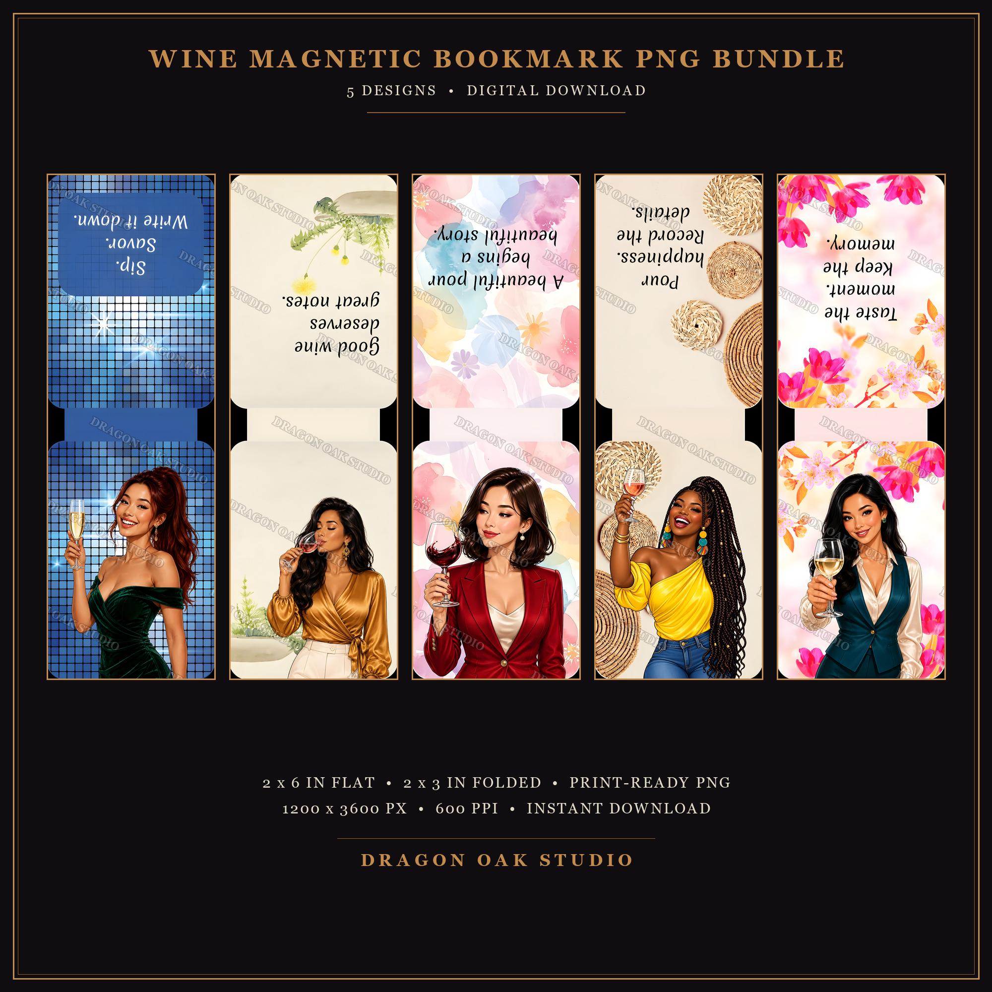 Wine Girl Magnetic Bookmark Printable Bundle Vol. 1, 5 Designs, 2x6 Inch PNG, Wine Lover Gift, Digital Download