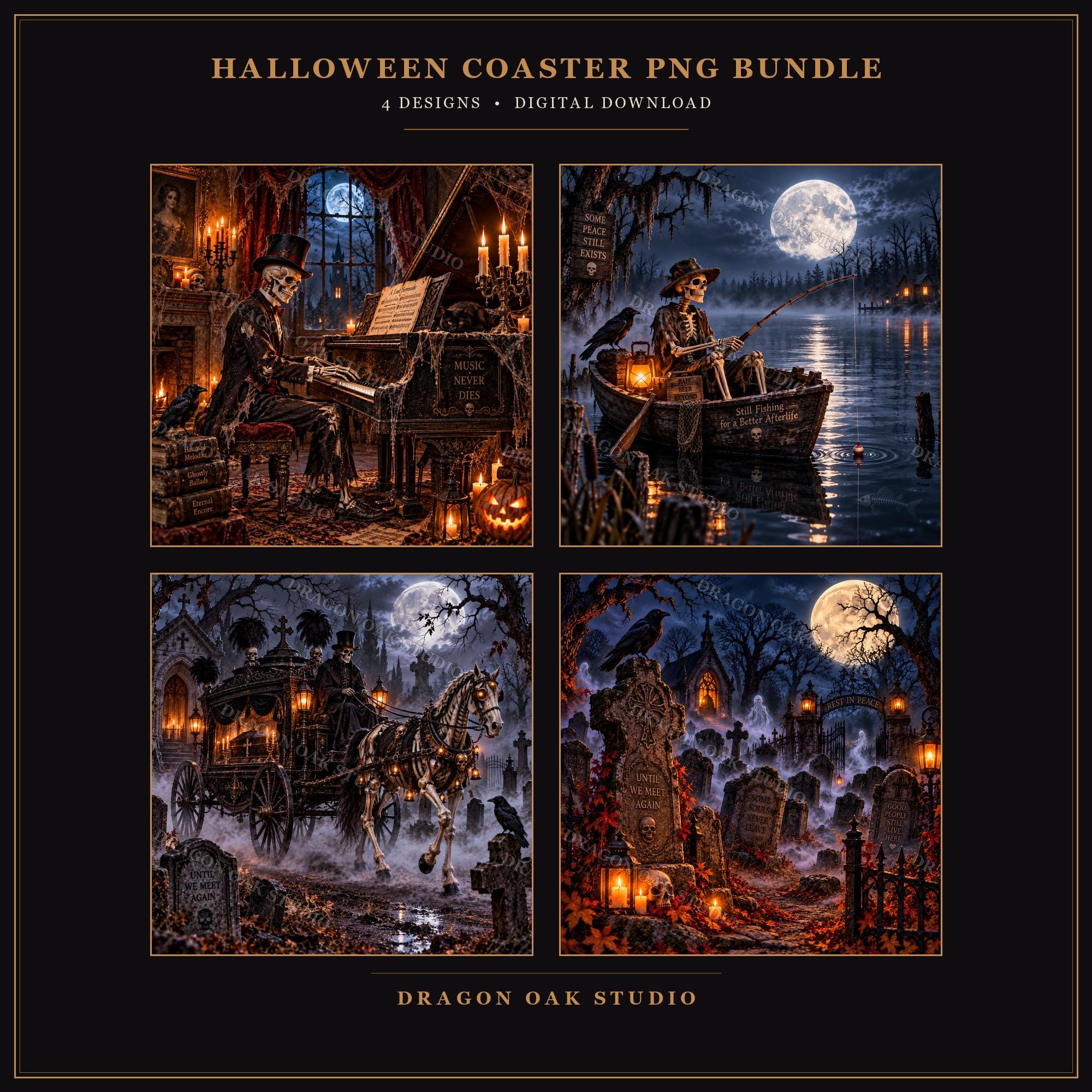 Whimsical Skeleton Halloween Coaster Bundle, Graveyard Designs (Digital Download)