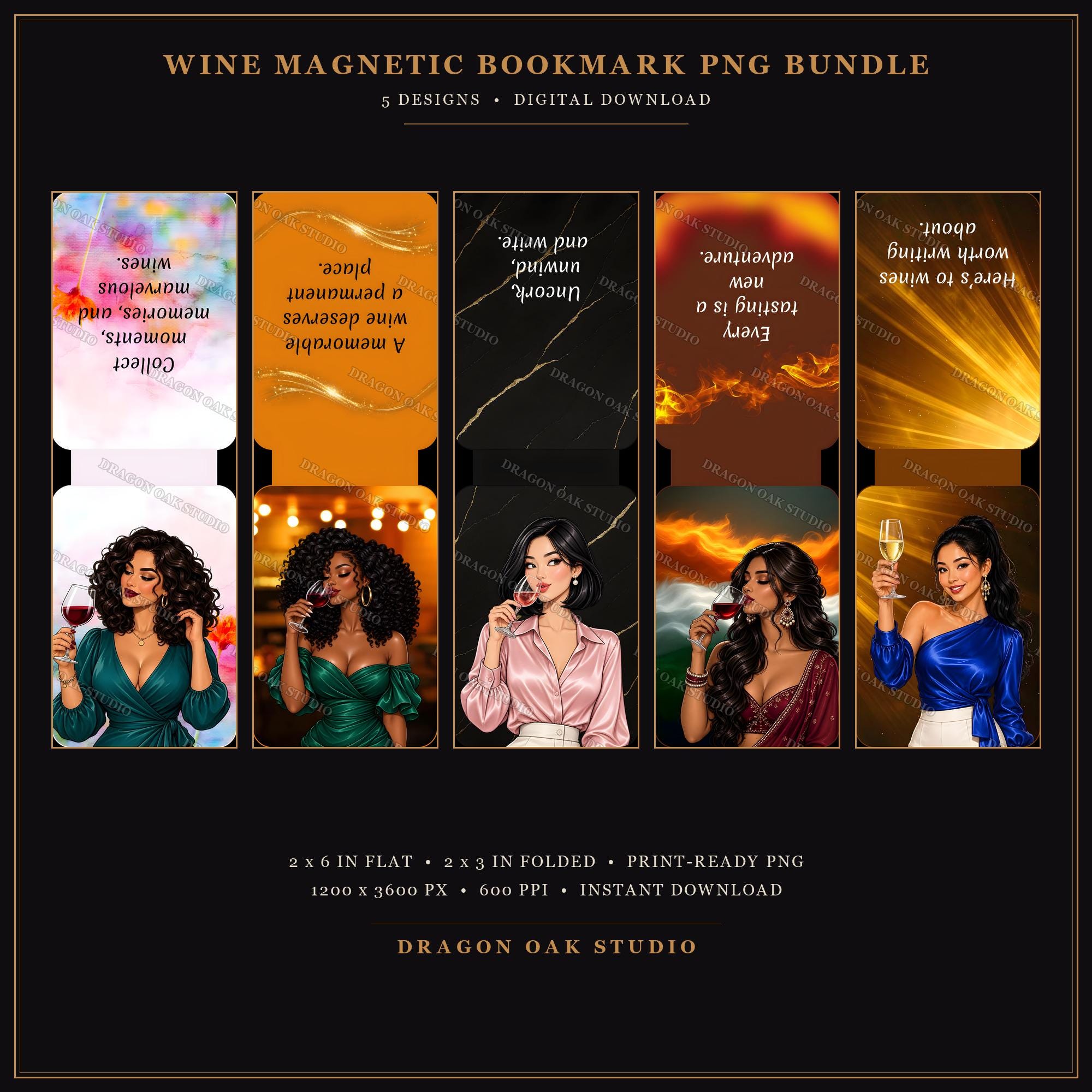 Wine Girl Magnetic Bookmark Printable Bundle Vol. 2, 5 Designs, 2x6 Inch PNG, Wine Lover Gift, Digital Download