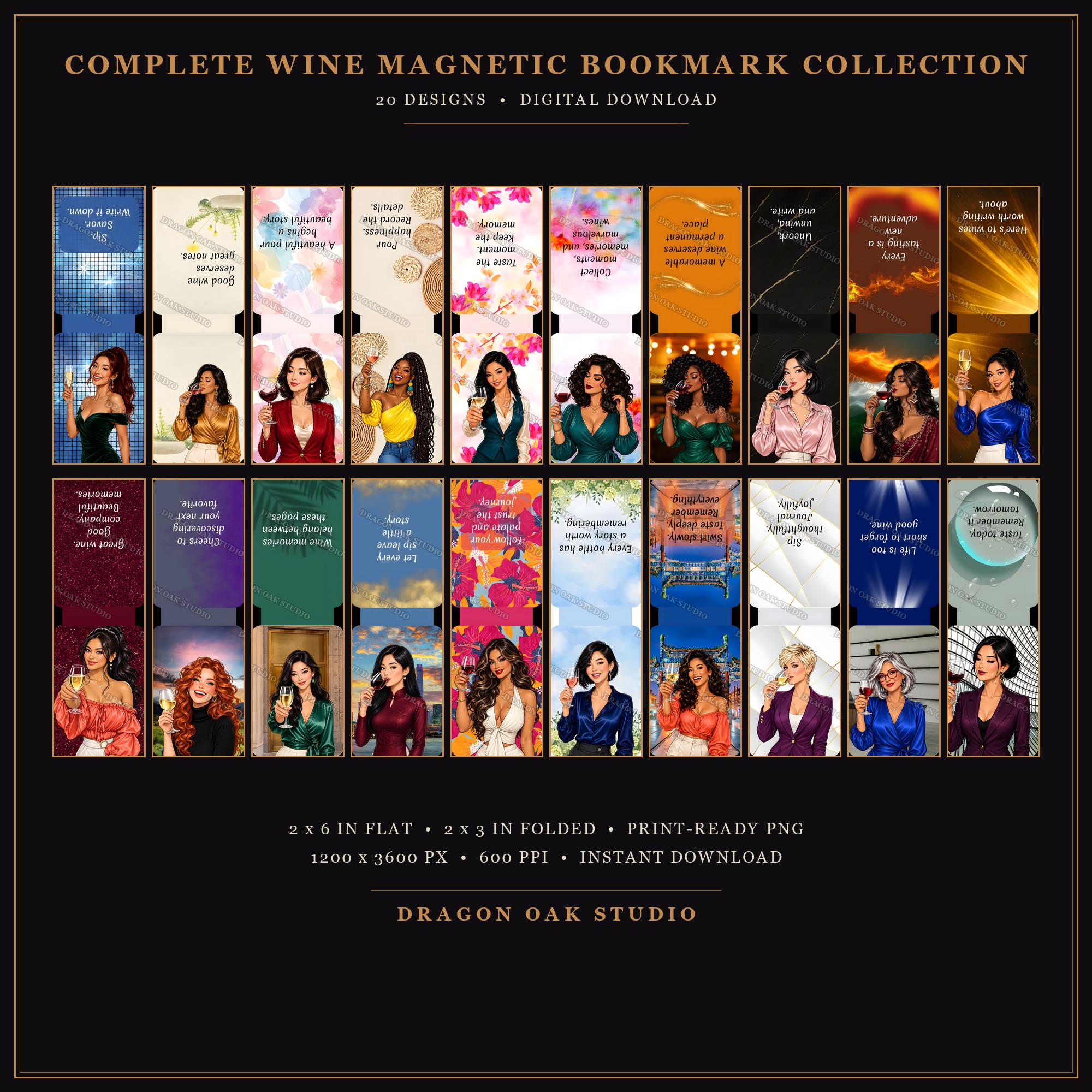 Complete Wine Girl Magnetic Bookmark Printable Collection, 20 Designs, 2x6 Inch PNG, Wine Lover Gift, Digital Download