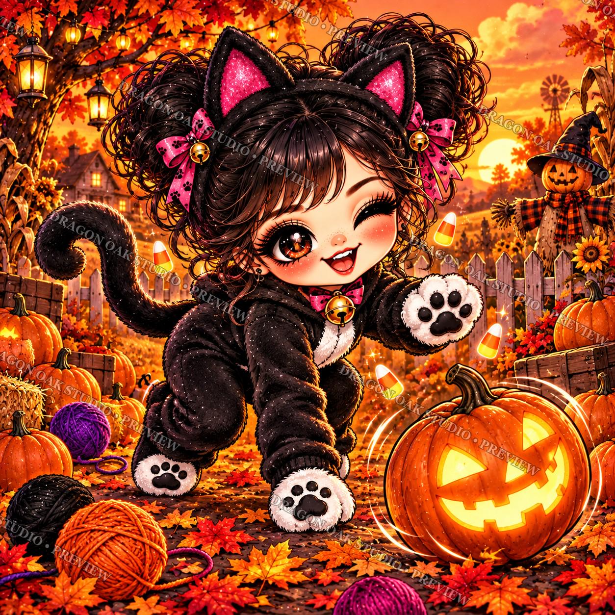 Chibi Halloween Coaster PNG Bundle Vol. 3, Set of 4 Cute Kawaii Spiderweb, Witch, Candy Corn & Cat Girls, Digital Download