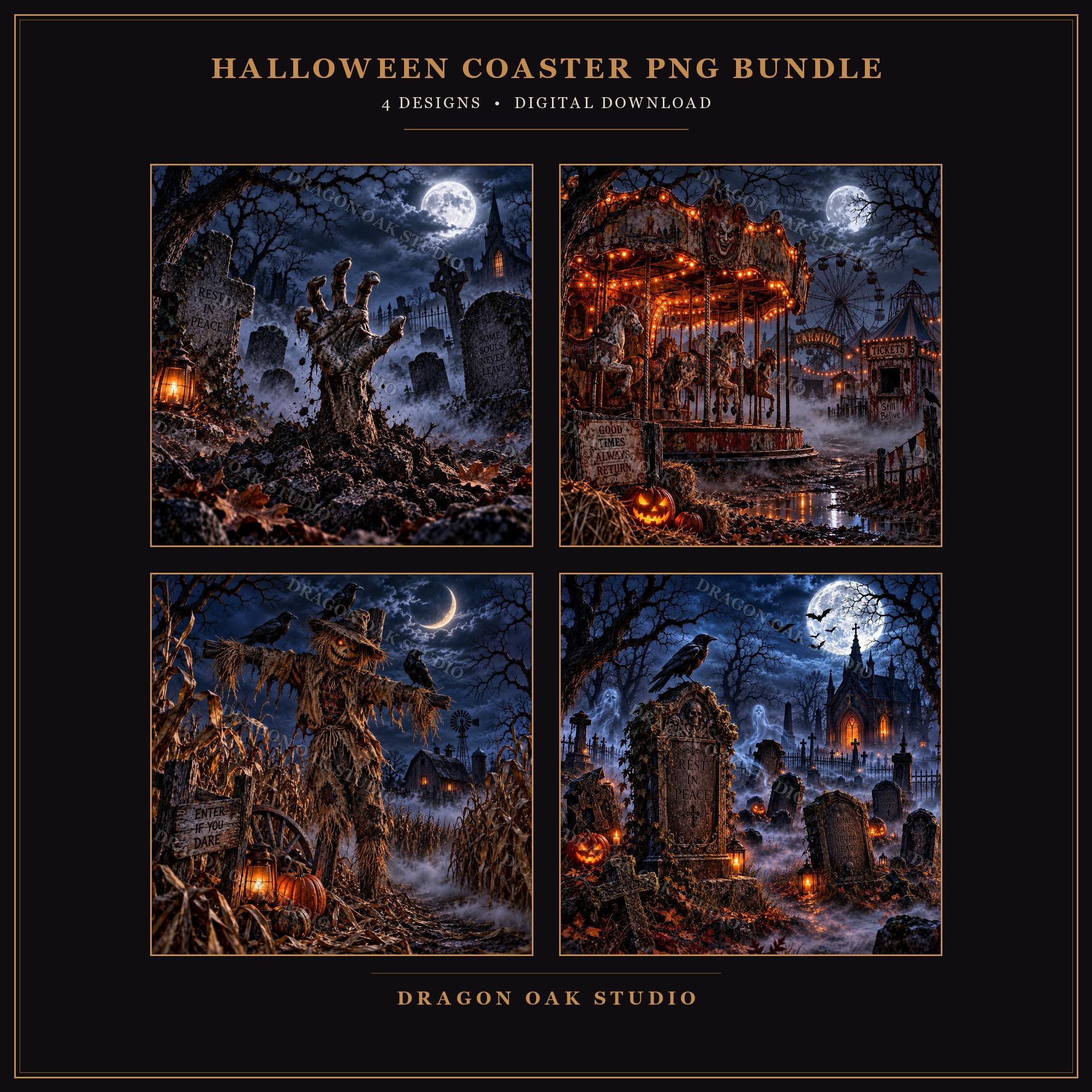 Zombie Graveyard Carnival Coaster Bundle, 4 Halloween Horror PNGs (Digital Download)
