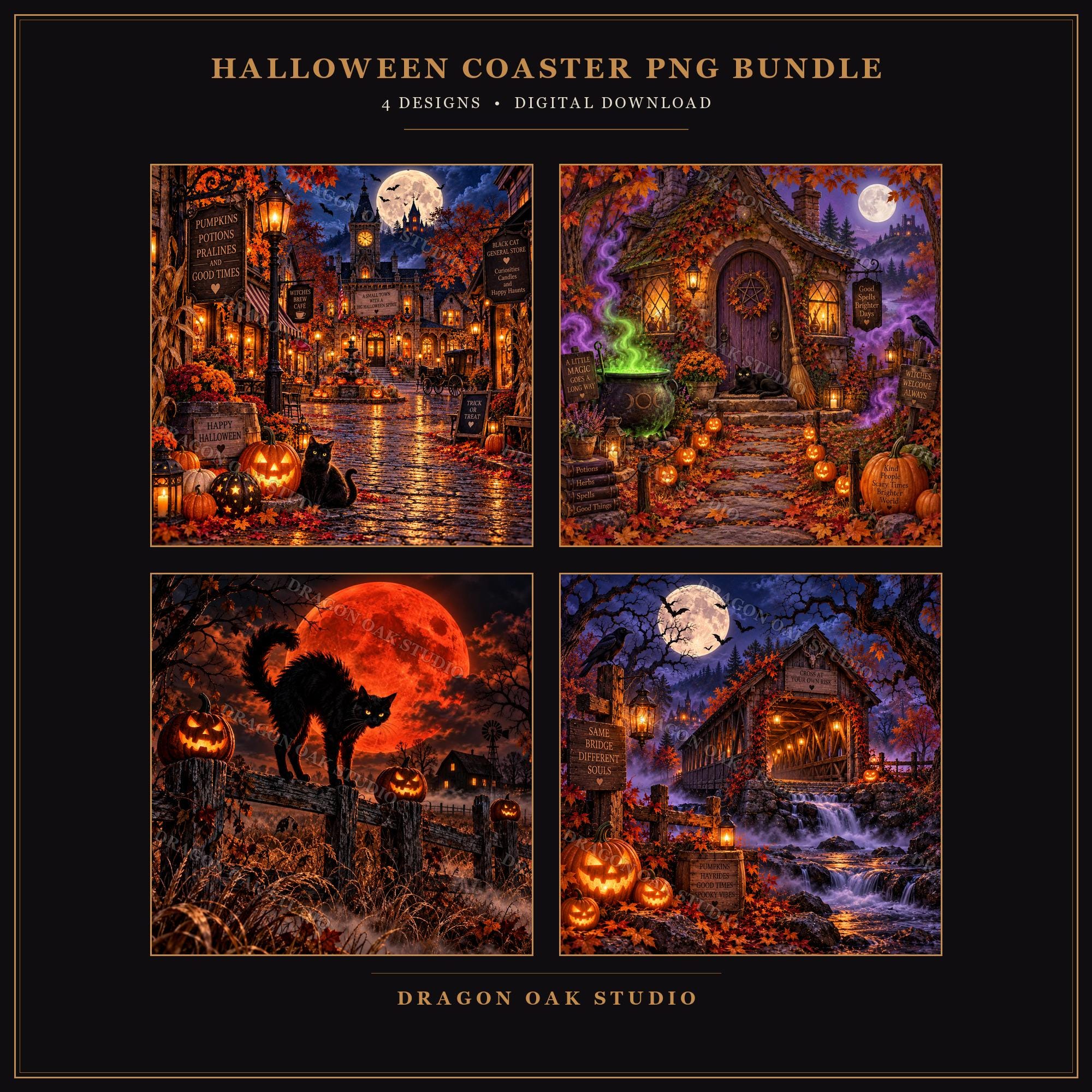 Cozy Halloween Village Coaster Bundle, Witch Cottage, Autumn Scenes (Digital Download)