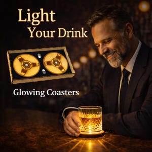LED Light Up Coasters (Set of 2), Engraved Wooden Gift Box