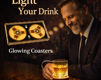 LED Light Up Coasters (Set of 2), Engraved Wooden Gift Box