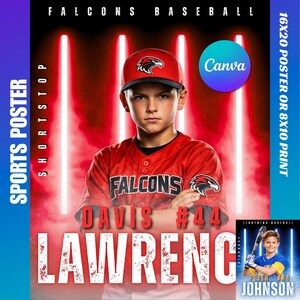Op de afbeelding: Een honkbalsportposter met een jonge jongen in een rood Falcons honkbaluniform en pet. De poster bevat de tekst "Falcons Baseball", "Davis #44 Lawrence" en "Sports Poster". De achtergrond heeft rode neonlichten.