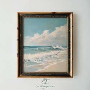 Pintura al óleo de olas del océano - Arte mural imprimible, paisaje costero marino, descarga digital, decoración costera vintage, arte clásico de playa 301