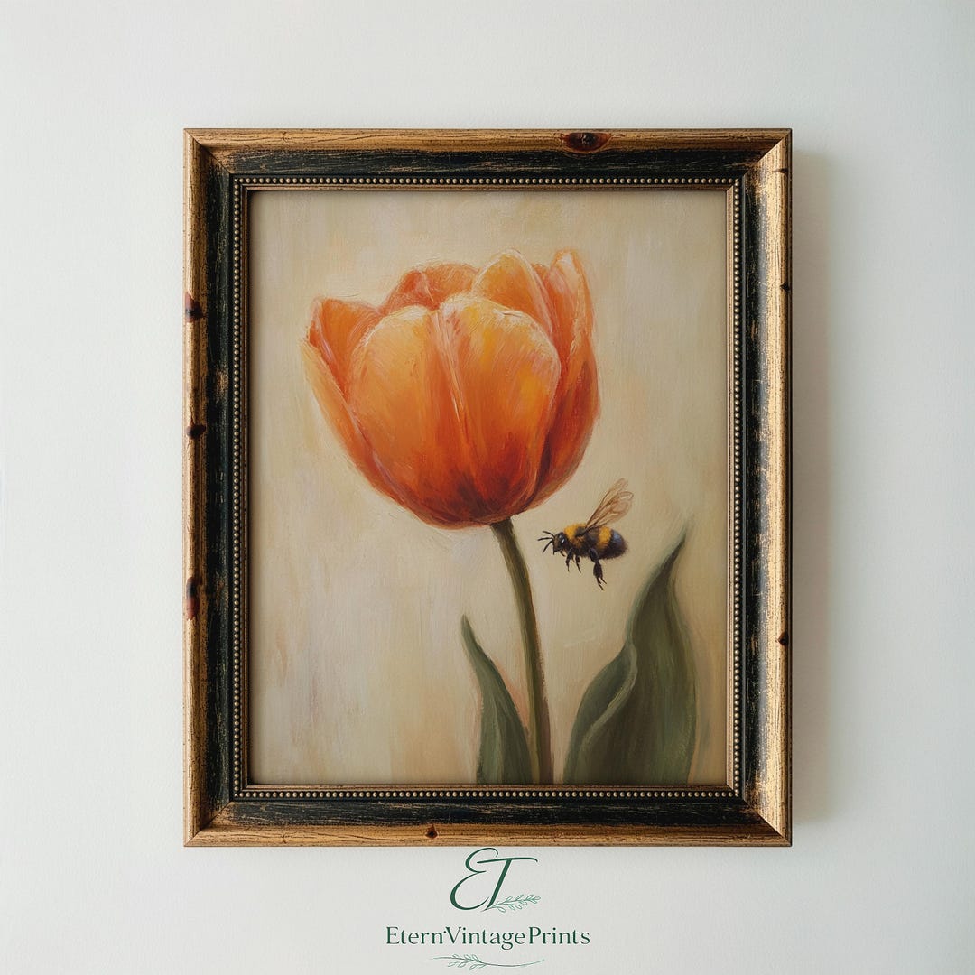 Vintage Wall Art - Single Tulip & Bee Botanical Painting, French ...