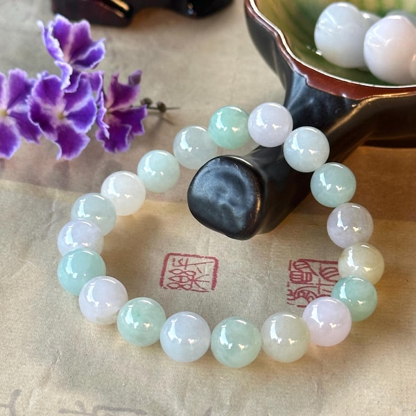 Pulsera de jadeíta 100 % natural sin tratar con certificación tipo A Feicui (翡翠) / 10 mm