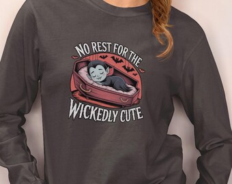 Kein Rest für das böse süße Sweatshirt, Halloween-Pullover, Vampir-Hoodie, Frauen Herbst Stil, Self Care Day, positive Nachrichten, Selbstliebe