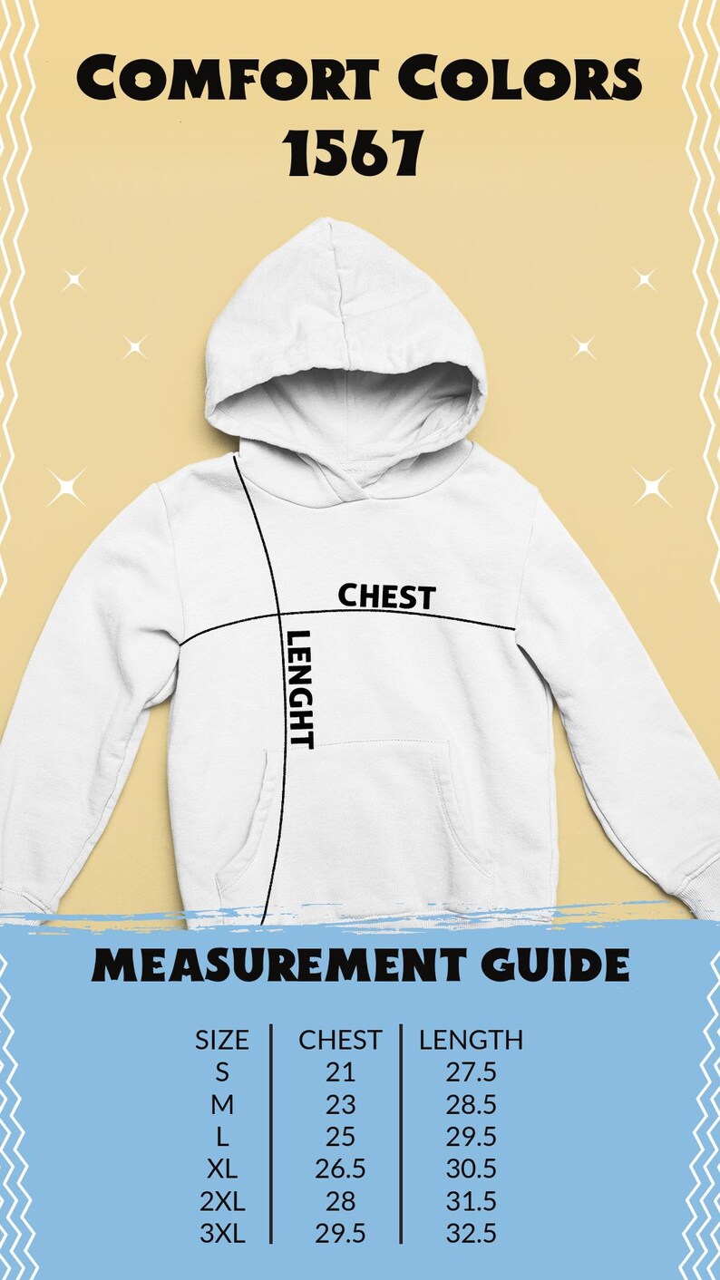 K&ouml;nnte beinhalten: Wei&szlig;er Kapuzenpullover mit dem Text "COMFORT COLORS 1567". Das Bild enth&auml;lt eine Ma&szlig;tabelle mit Brust- und L&auml;ngenma&szlig;en in Zentimetern. Der Pullover hat eine Brustweite von 53.3 cm f&uuml;r Gr&ouml;&szlig;e S und 74.9 cm f&uuml;r Gr&ouml;&szlig;e 3XL.