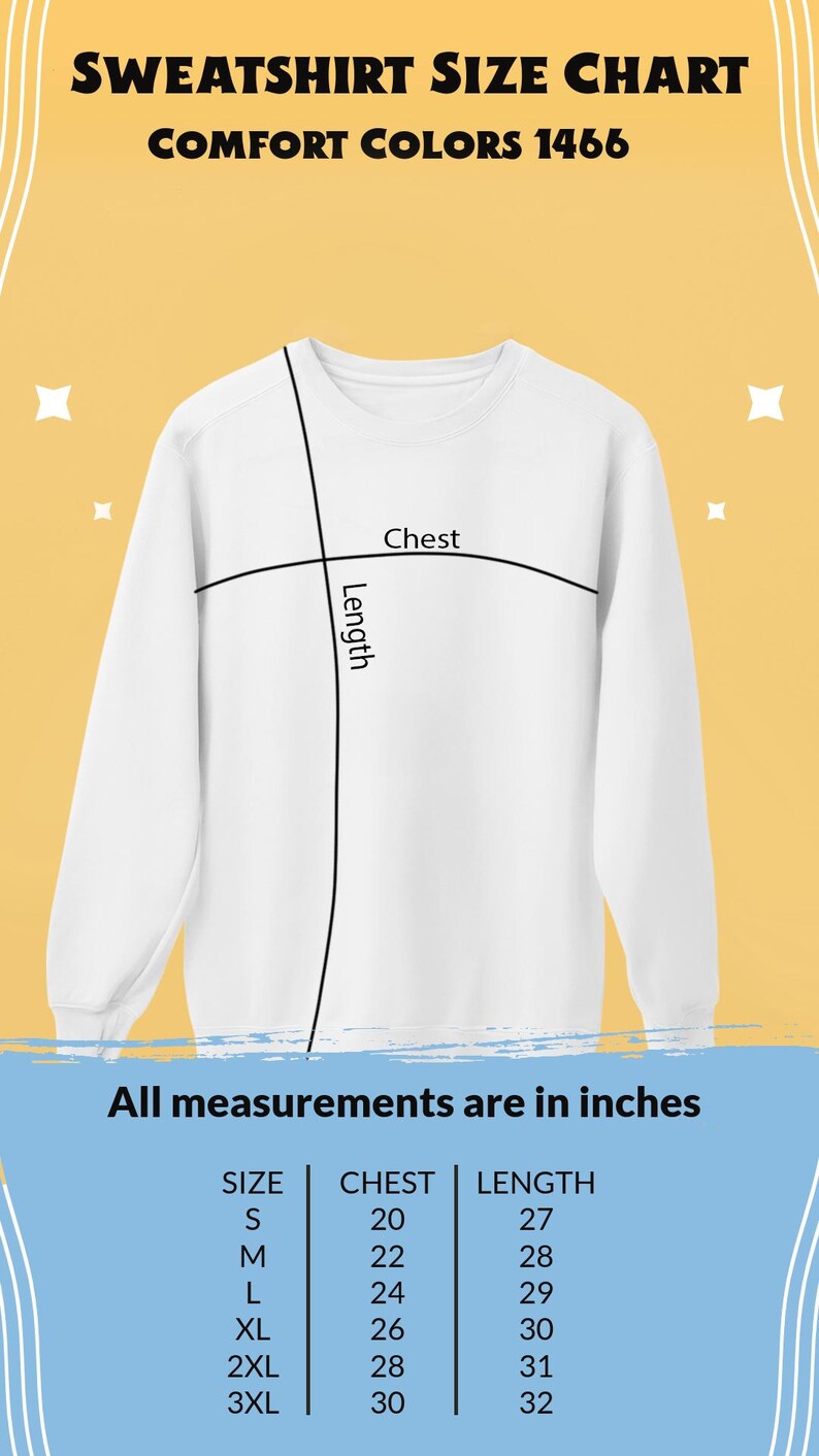 K&ouml;nnte beinhalten: Wei&szlig;es Sweatshirt-Gr&ouml;&szlig;entabelle mit Brust- und L&auml;ngenma&szlig;en in Zoll. Die Tabelle umfasst die Gr&ouml;&szlig;en S bis 3XL, mit Brustma&szlig;en von 51 bis 76 cm und L&auml;ngen von 69 bis 81 cm. Der Text "SWEATSHIRT SIZE CHART" steht oben.