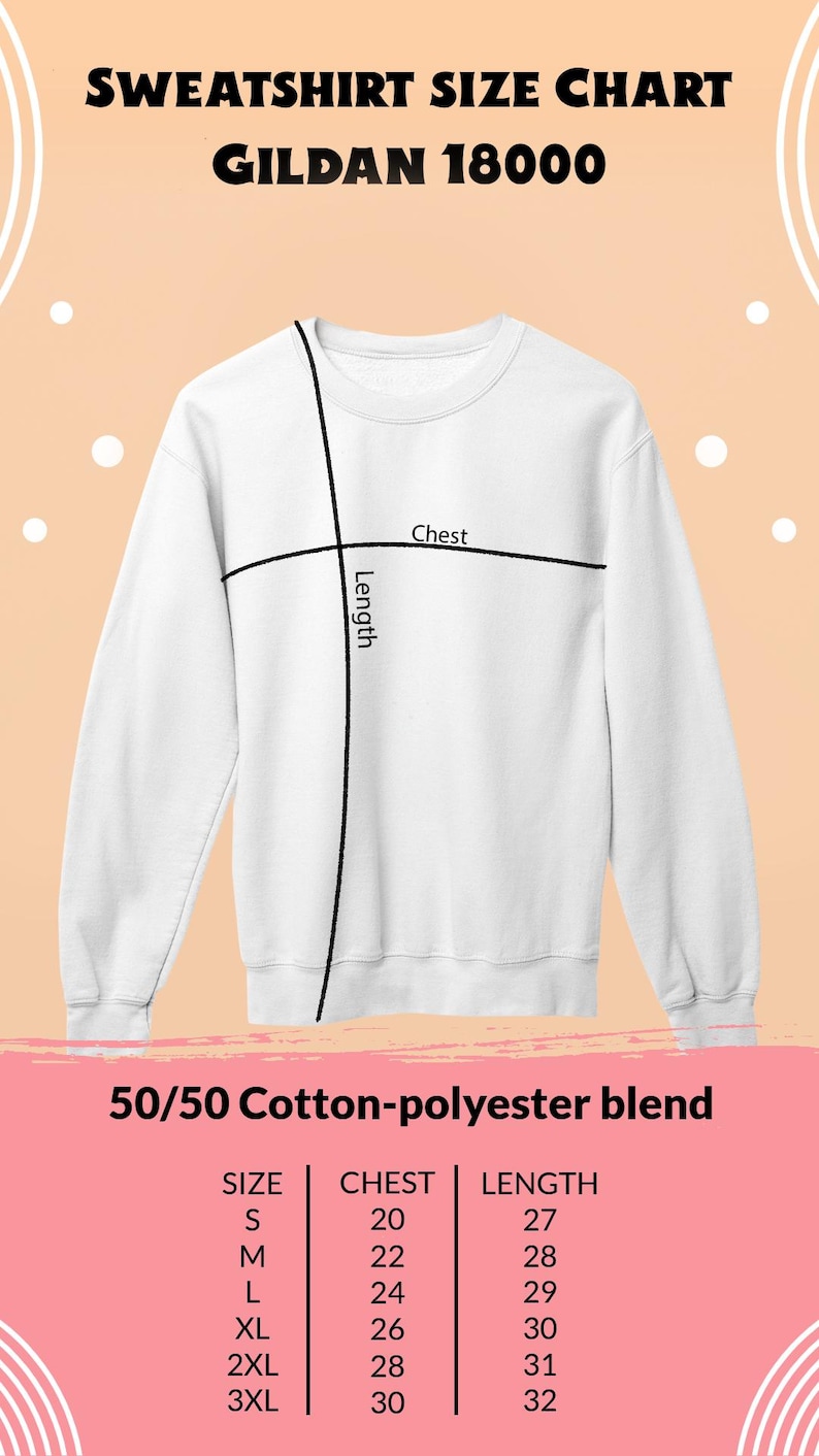 K&ouml;nnte beinhalten: Wei&szlig;es Gildan 18000 Sweatshirt mit Gr&ouml;&szlig;entabelle. Die Tabelle zeigt Brust- und L&auml;ngenma&szlig;e in Zentimetern f&uuml;r die Gr&ouml;&szlig;en S bis 3XL. Das Sweatshirt ist eine 50/50 Baumwoll-Polyester-Mischung.