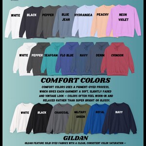 K&ouml;nnte beinhalten: Farbf&uuml;hrer mit verschiedenen Sweatshirt-Farben, darunter Wei&szlig;, Schwarz und Neonviolett. Das Bild zeigt die Marken 'Comfort Colors' und 'Gildan' und beschreibt deren pigmentgef&auml;rbte und durchgef&auml;rbte Stoffverfahren. Text liefert Farbbeschreibungen.