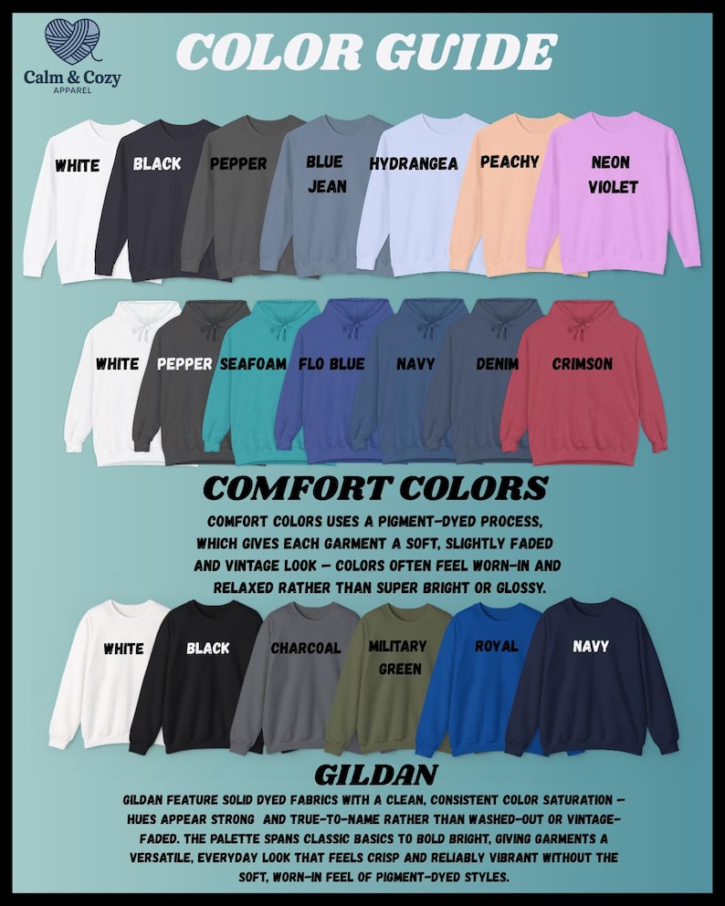 K&ouml;nnte beinhalten: Farbf&uuml;hrer mit verschiedenen Sweatshirt-Farben, darunter Wei&szlig;, Schwarz und Neonviolett. Das Bild zeigt die Marken 'Comfort Colors' und 'Gildan' und beschreibt deren pigmentgef&auml;rbte und durchgef&auml;rbte Stoffverfahren. Text liefert Farbbeschreibungen.