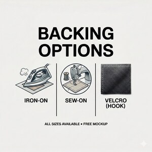 Peut inclure: Image pr&eacute;sentant trois options de support : thermocollant, &agrave; coudre et Velcro (crochet). Chaque option est illustr&eacute;e par un graphique correspondant. Le texte "BACKING OPTIONS" est en haut, avec du texte suppl&eacute;mentaire en bas.