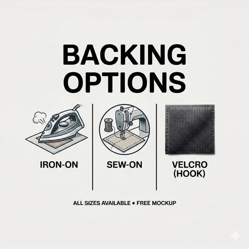 Peut inclure: Image pr&eacute;sentant trois options de support : thermocollant, &agrave; coudre et Velcro (crochet). Chaque option est illustr&eacute;e par un graphique correspondant. Le texte "BACKING OPTIONS" est en haut, avec du texte suppl&eacute;mentaire en bas.