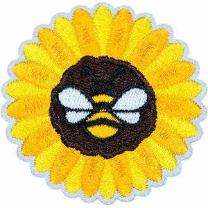 May include: Embroidered patch featuring a yellow sunflower with a brown center and a cartoon bee. The bee has white wings and a yellow and black striped body. The patch has a white scalloped border.