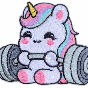 May include: Embroidered patch featuring a cute unicorn lifting weights. The unicorn has a pink and blue mane, a yellow horn, and pink cheeks. The barbell is gray. A fun and whimsical design for apparel or accessories.