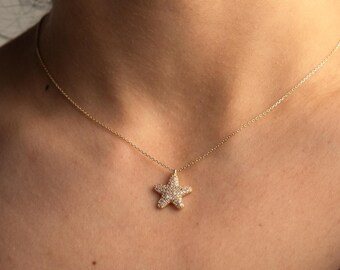 14K Solid Gold Diamond Star Necklace, Pave Star Pendant, Minimalist Celestial Gold Necklace, Dainty Everyday Fine Jewelry