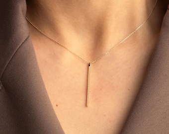 14K Solid Gold Bar Necklace, Diamond Accent Vertical Pendant, Minimalist Gold Stick Charm, Dainty Fine Jewelry