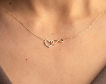 14K Solid Gold Heart Infinity Necklace, Diamond Love Pendant, Minimalist Forever Gold Necklace, Dainty Fine Jewelry