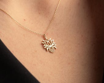 14k Solid Gold Lotus Necklace with Heart, Diamond Pave Charm, Yoga Jewelry, Spiritual Rebirth Symbol, Floral Pendant, Gift for Her