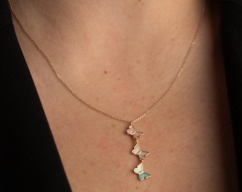 14K Solid Gold Butterfly Necklace, Mother of Pearl Butterfly Pendant, Dainty Vertical Drop Necklace, Elegant Fine Gold Jewelry