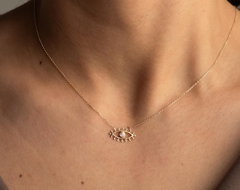 14K Solid Gold Evil Eye Necklace, Diamond Eye Pendant, Minimalist Protection Charm, Dainty Fine Gold Jewelry