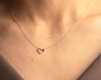 14K Solid Gold Open Heart Necklace, Minimalist Gold Heart Pendant, Dainty Everyday Love Necklace, Fine Handmade Gold Jewelry